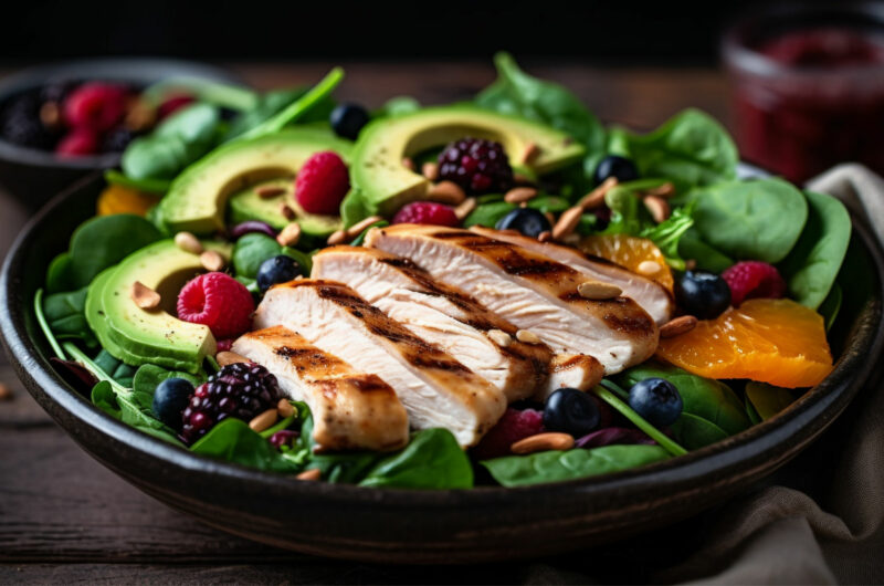 Mixed Greens Salad with Grilled Chicken, Avocado, and Berries