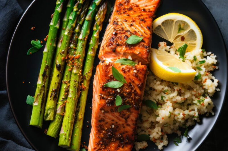 Grilled Salmon with Steamed Asparagus and Quinoa